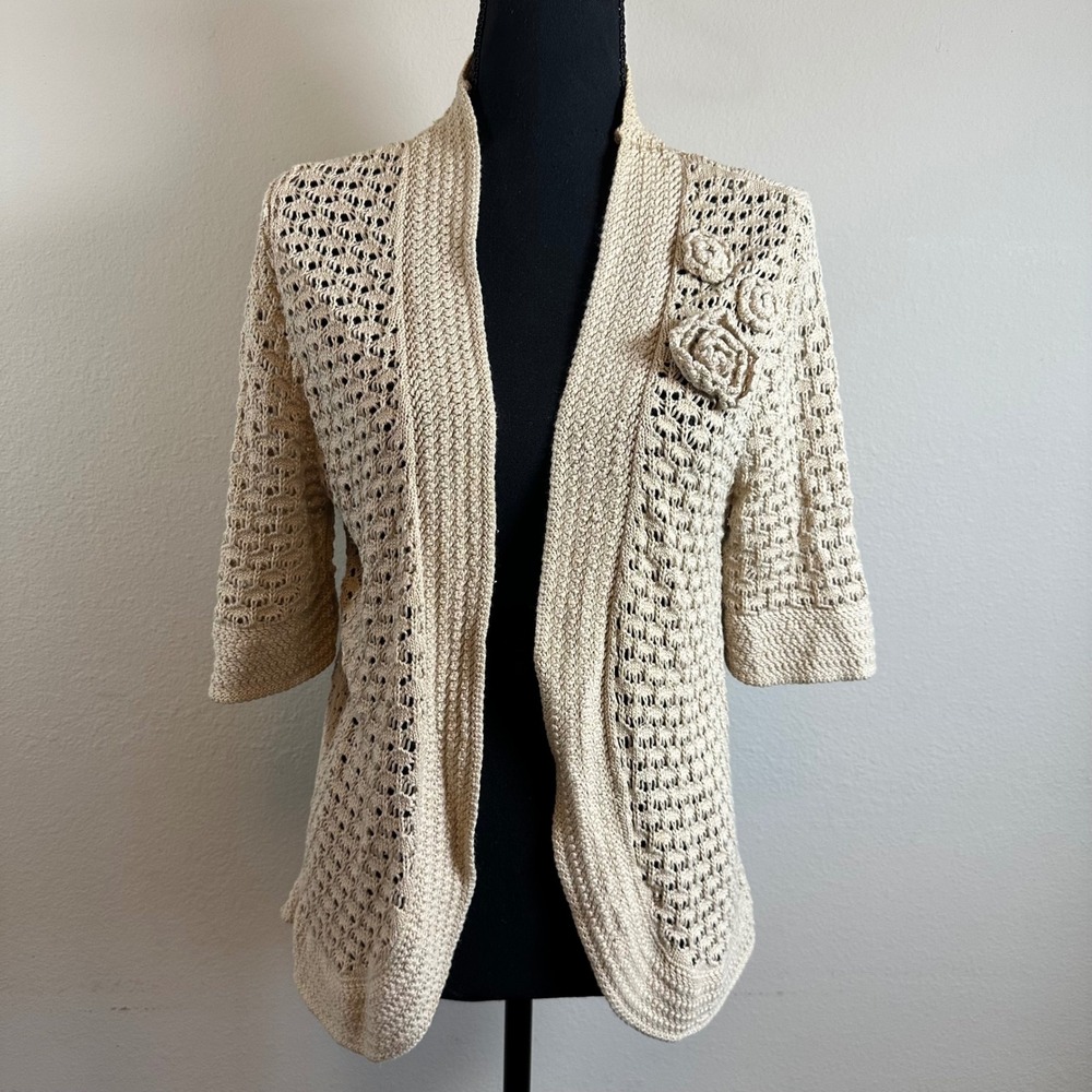 Christopher & Banks Beige Open‎ Knit Crochet Cardigan Sweater L Cottage Boho